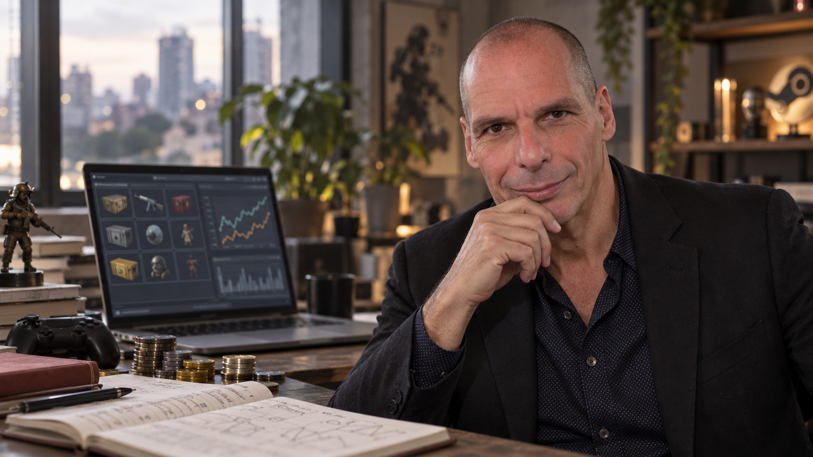 Retrato editorial de Yanis Varoufakis y la economía de objetos digitales.