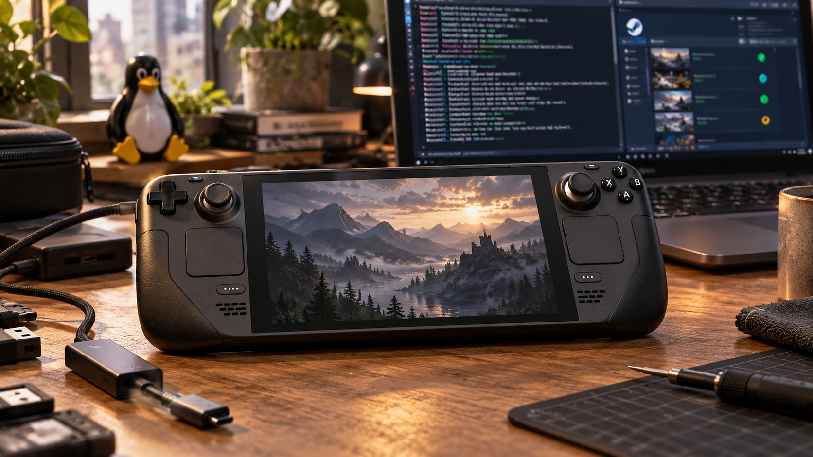 Ilustración de Steam Deck y herramientas de compatibilidad de juegos en Linux.