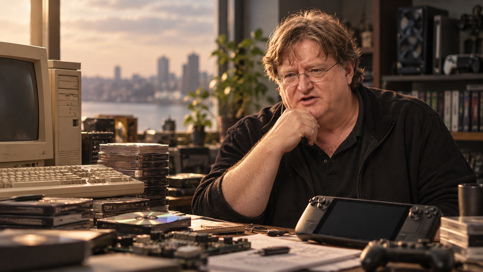 Retrato editorial de Gabe Newell entre distintas generaciones de tecnología de PC.