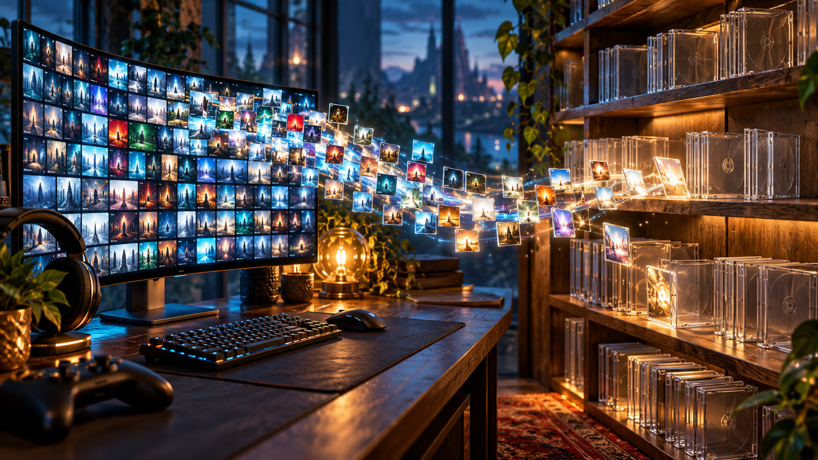 Ilustración conceptual sobre colecciones digitales y bibliotecas de Steam.