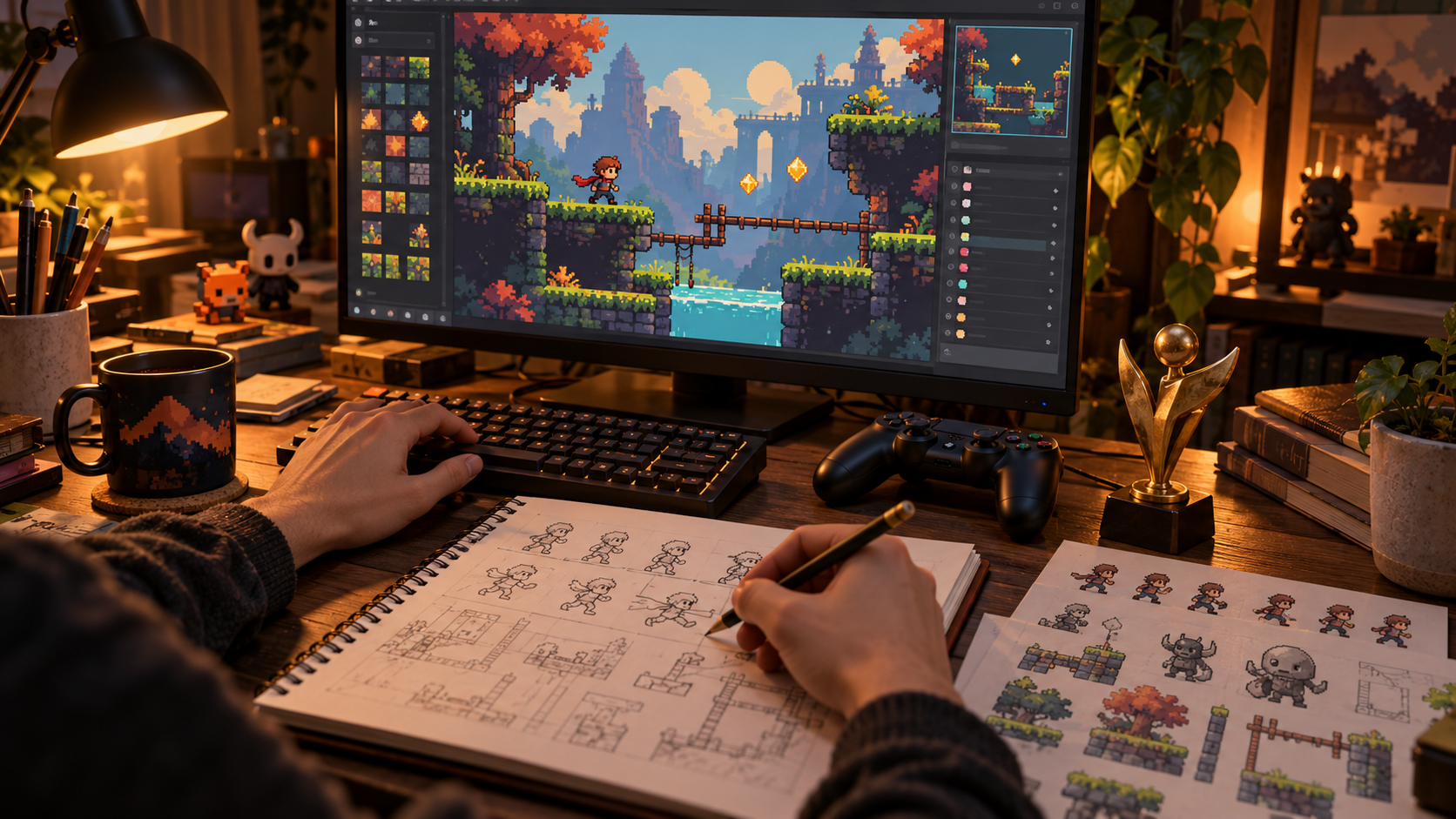 Ilustración editorial sobre GameMaker: convocatoria oficial de los premios 2026.