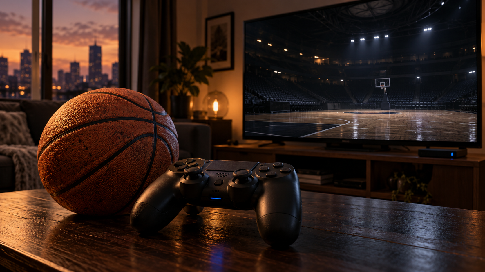 Ilustración editorial de un control, un balón y una cancha virtual vacía sobre el cierre de servidores de NBA 2K25.