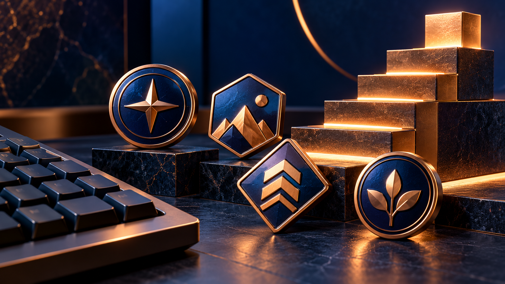 Ilustración conceptual sobre niveles e insignias de cuentas de Steam.